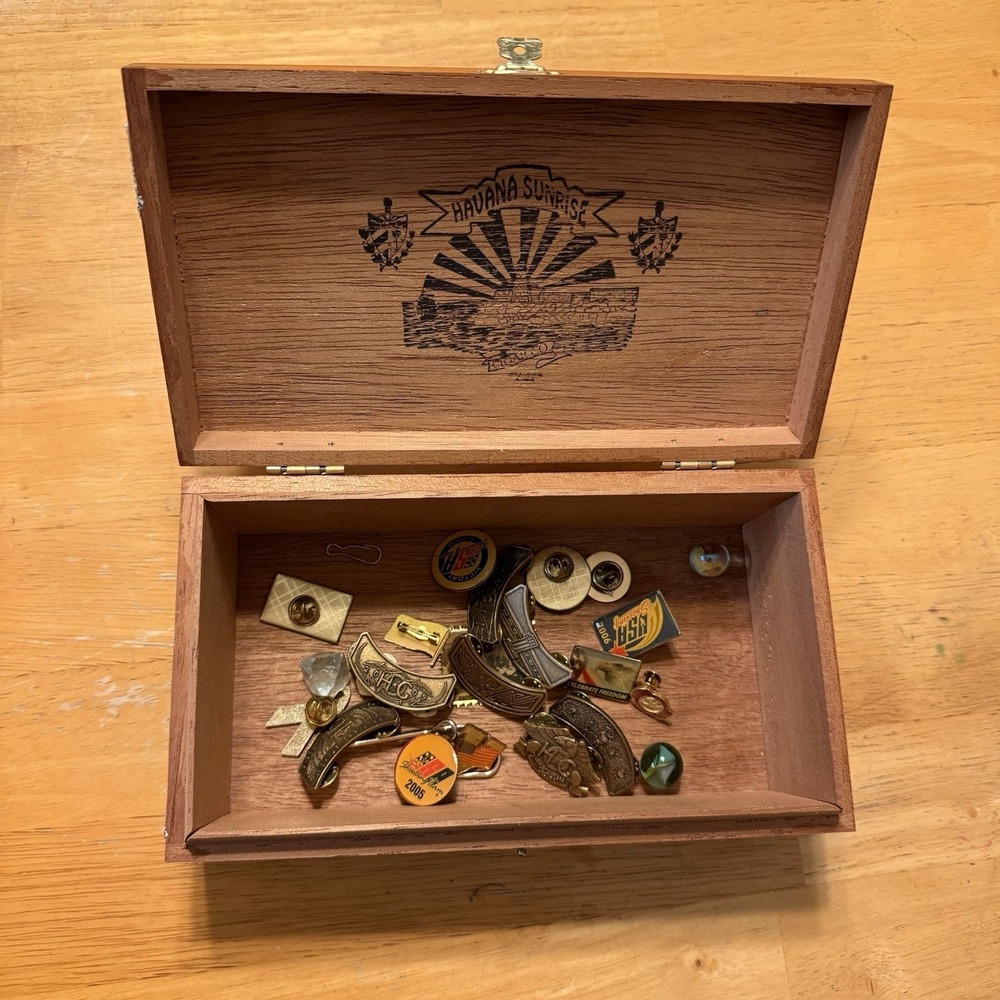 Mixed Lot Biker Cigar Box HOG pins Gun range Marbles Vintage Estate Sale Collect